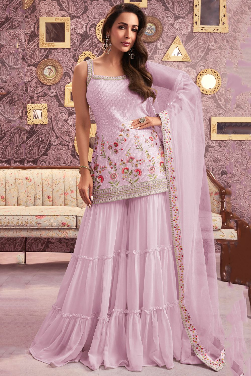 Light Pink Georgette Embroidered Sharara Suit