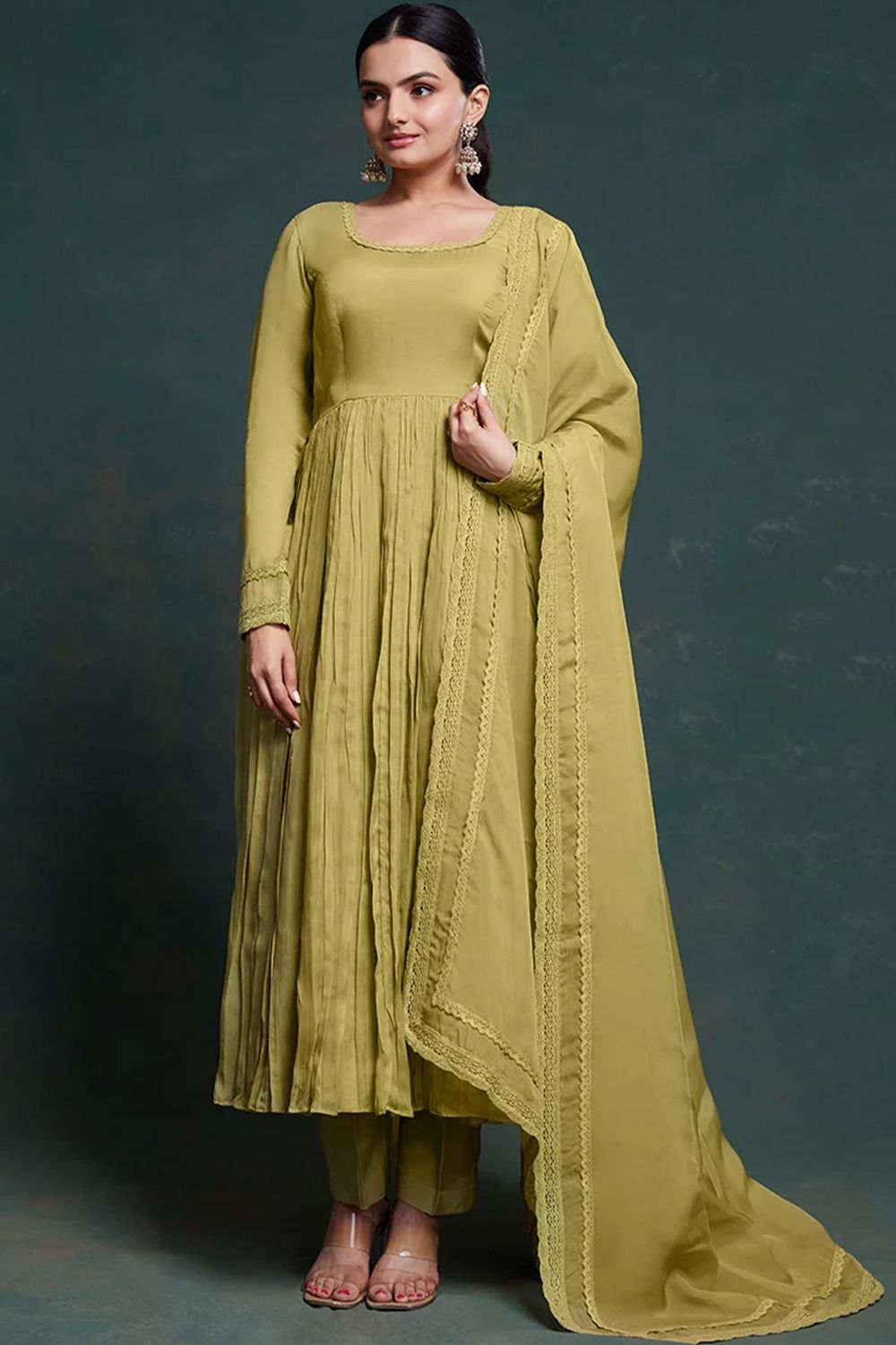 Olive Green Organza Anarkali Suit