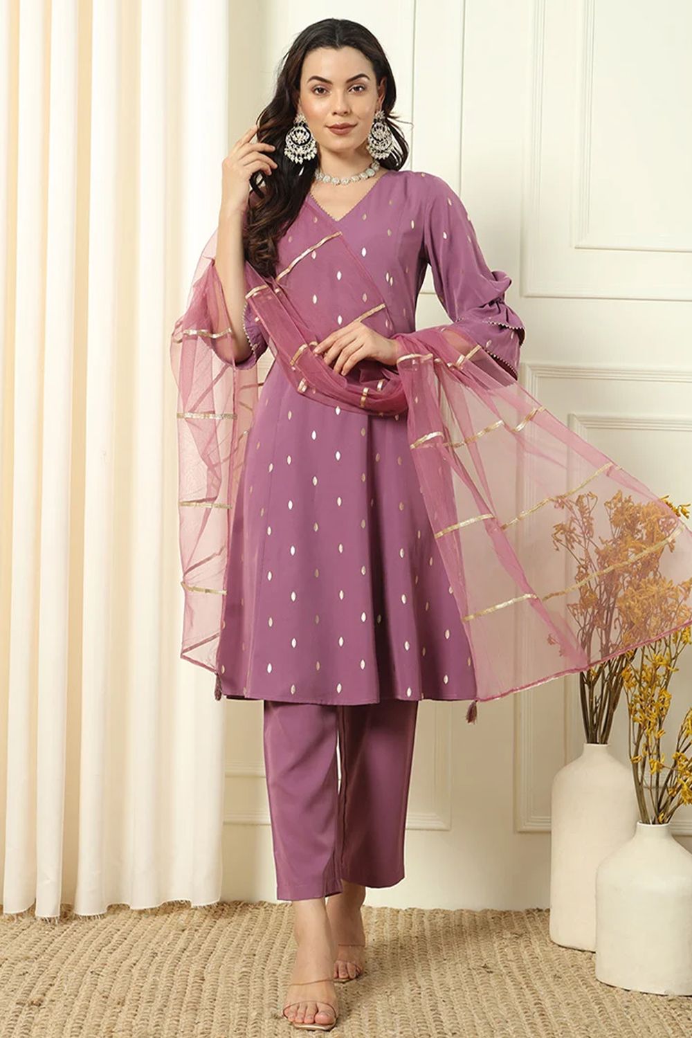 Lavender Crepe Foil Print Suit Set