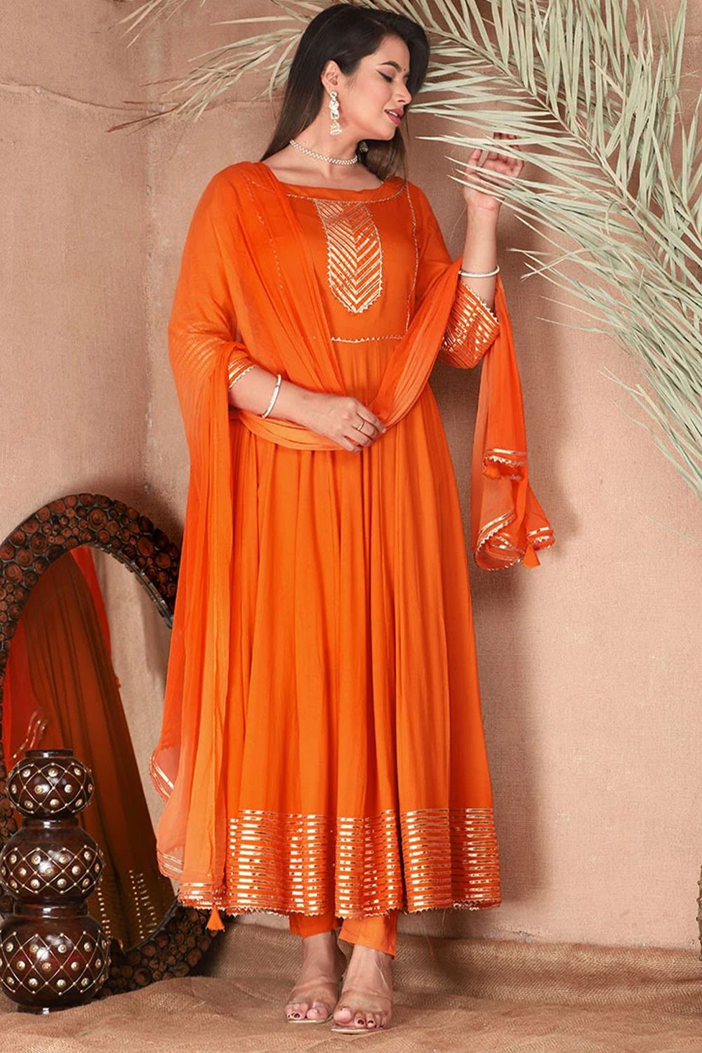 Orange Embroidered Rayon Anarkali Suit 
