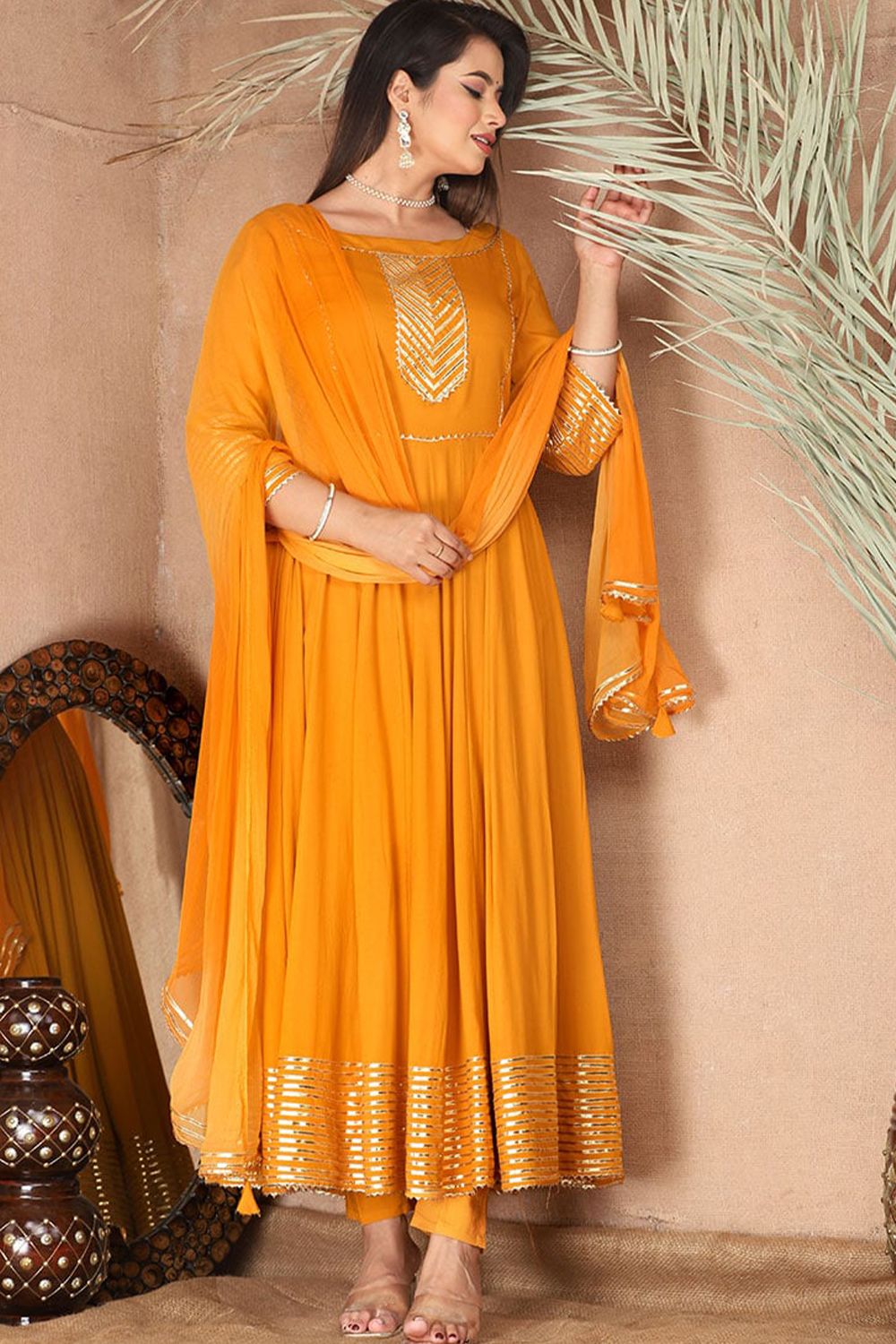 Mustard Yellow Embroidered Rayon Anarkali Suit 