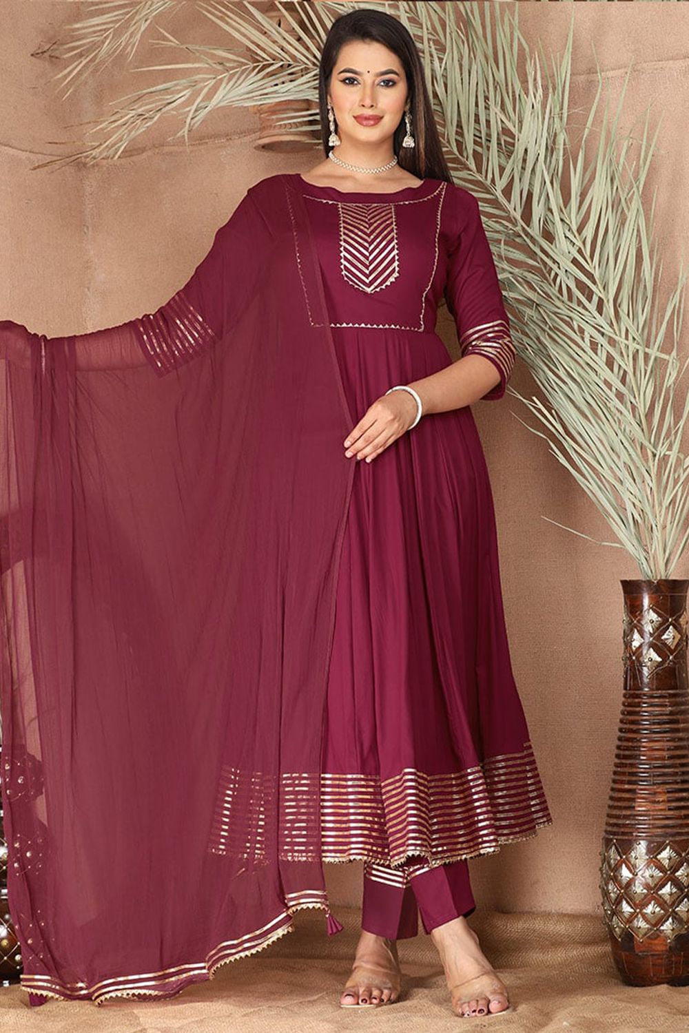 Maroon Embroidered Rayon Anarkali Suit 