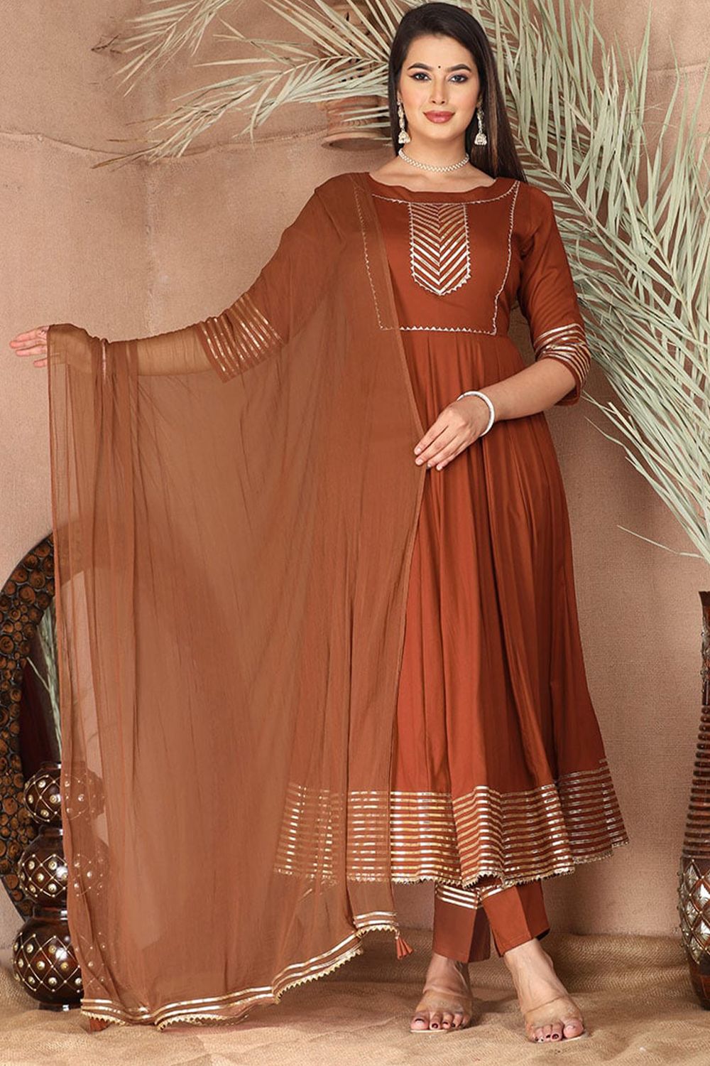 Rust Orange Embroidered Rayon Anarkali Suit 