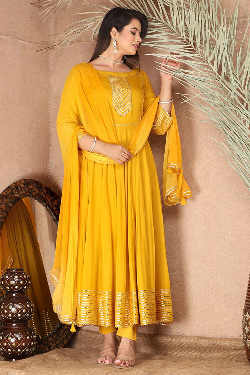 Yellow Embroidered Rayon Anarkali Suit 