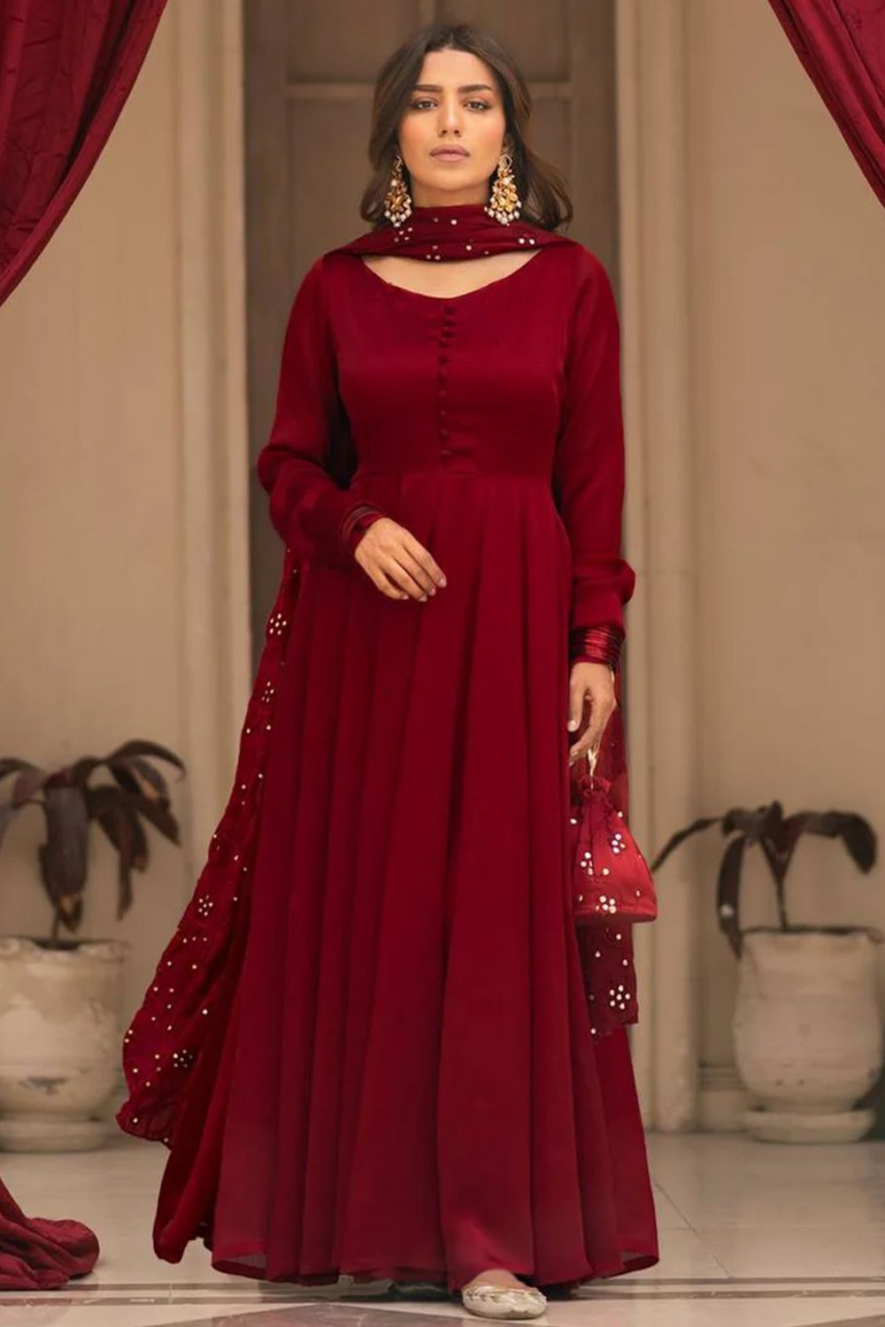 Maroon Embroidered Cotton Anarkali Suit 