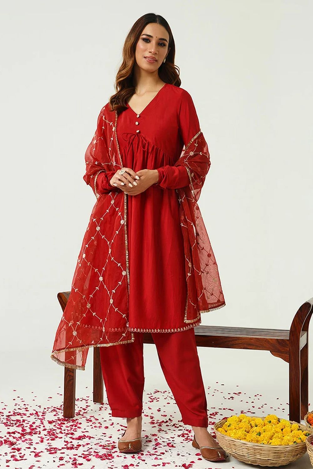 Red Silk Blend Angrakha Kurta