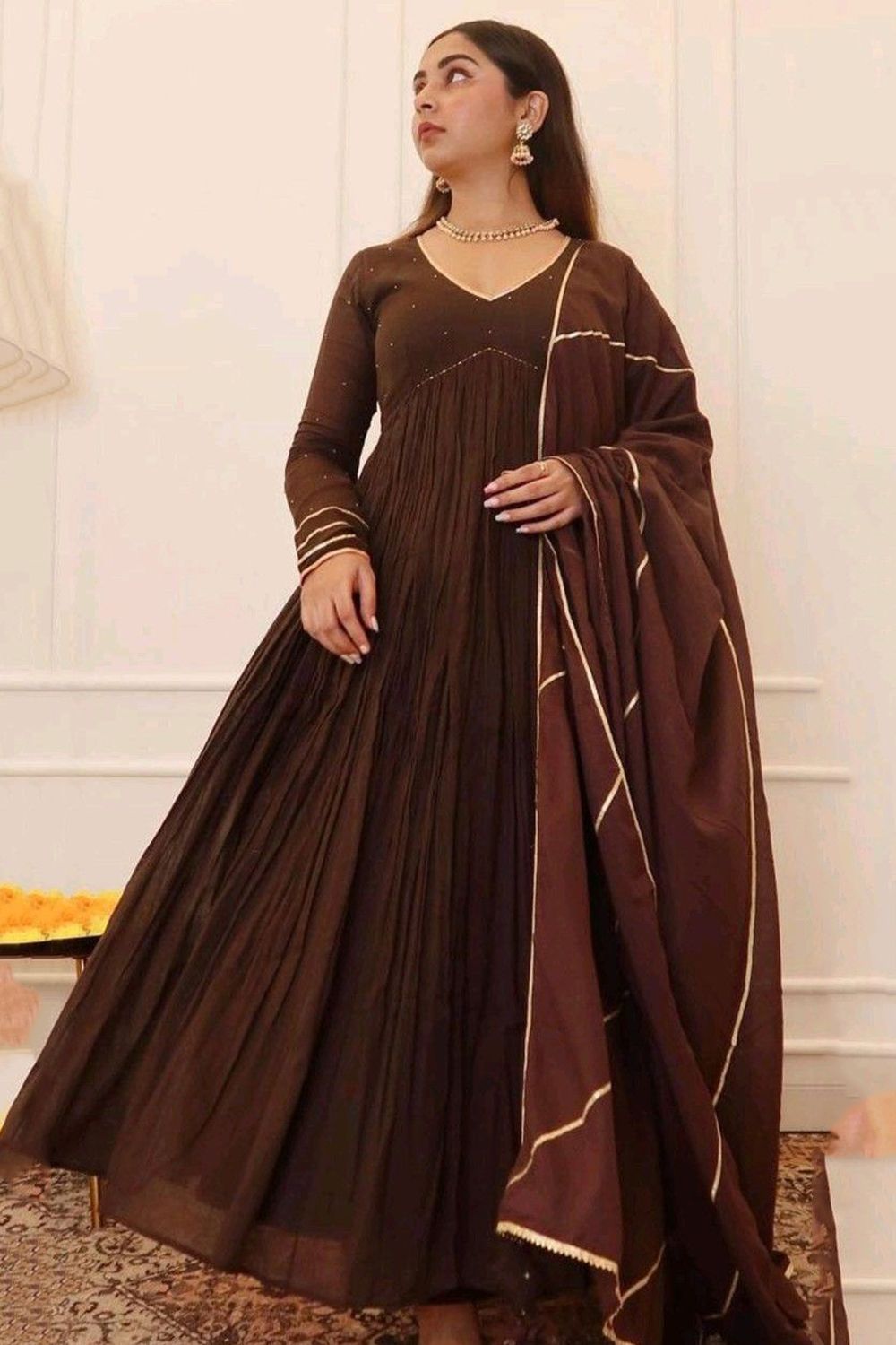 Brown Mulmul Gathered Anarkali Suit