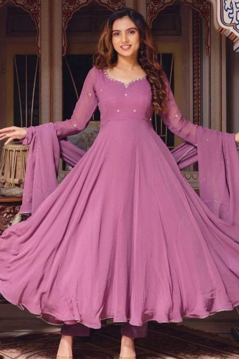 Onion Pink Georgette Anarkali Suit Set
