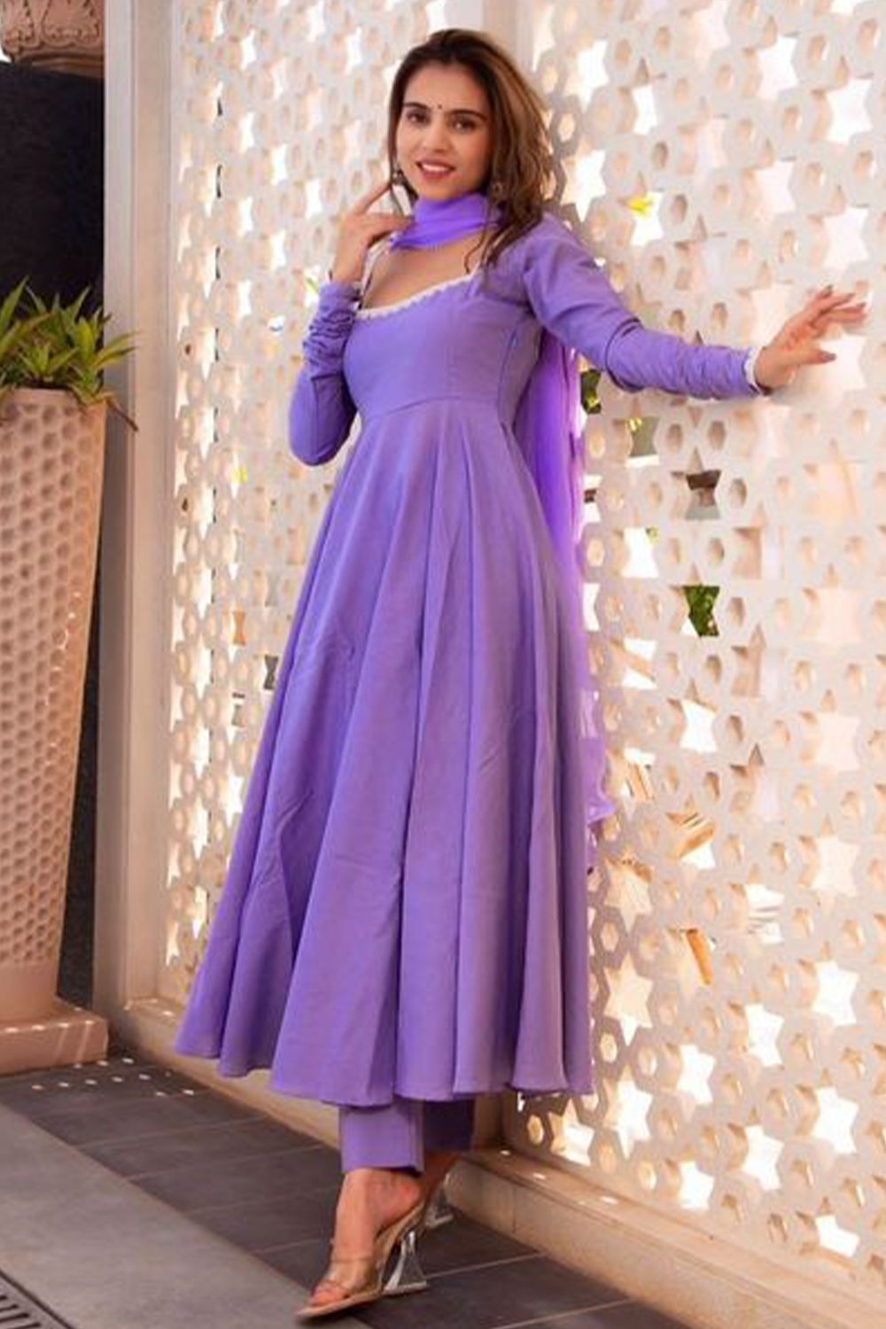 Violet Lace Embroidered Georgette Anarkali Suit Set