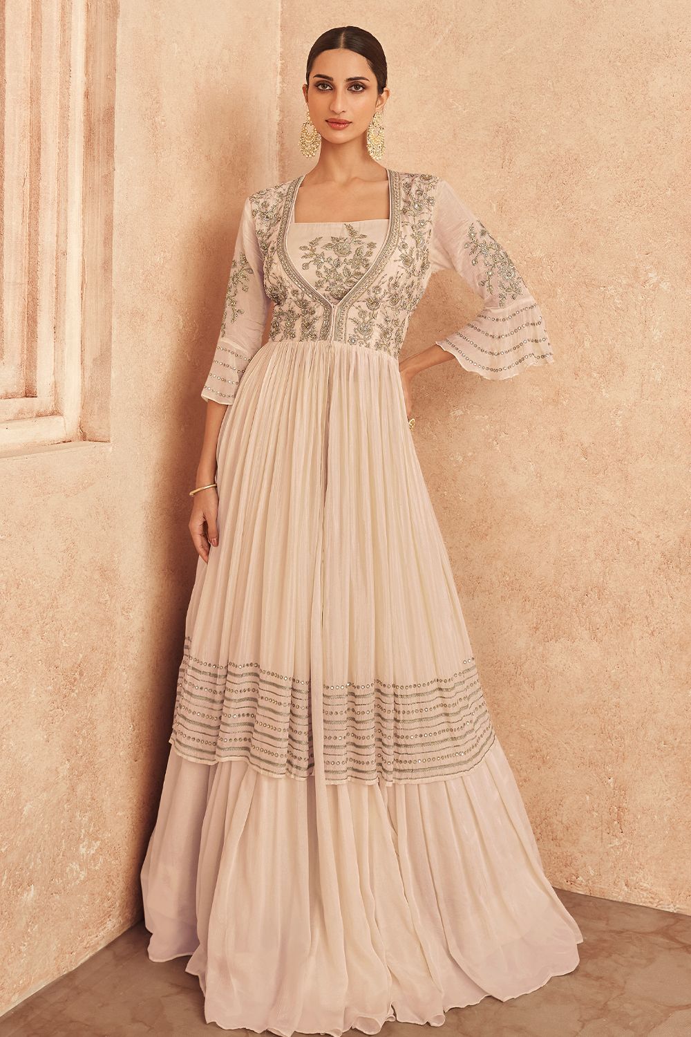Off White Jacket Style Embroidered Chinnon Silk Anarkali 