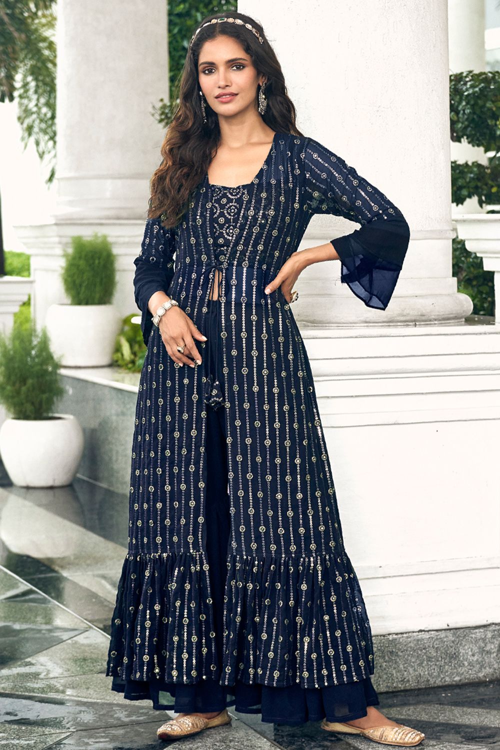 Navy Blue Georgette Sequins Work Shrug with Top and Palazzo 