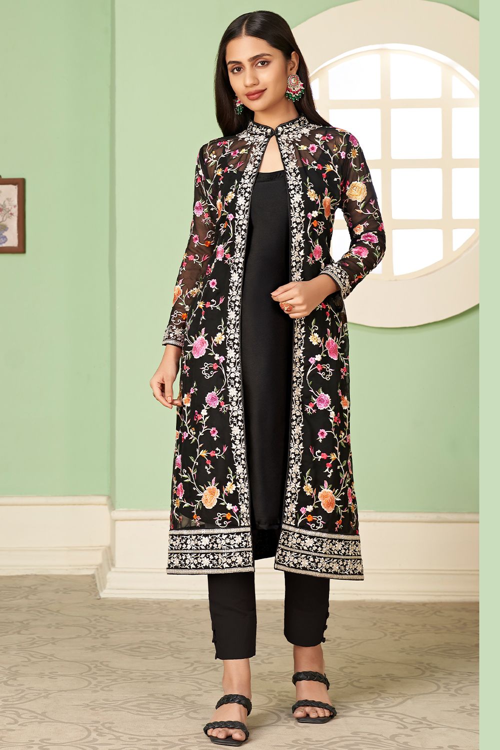 Black Georgette Embroidered Jacket with Kurti and churidar