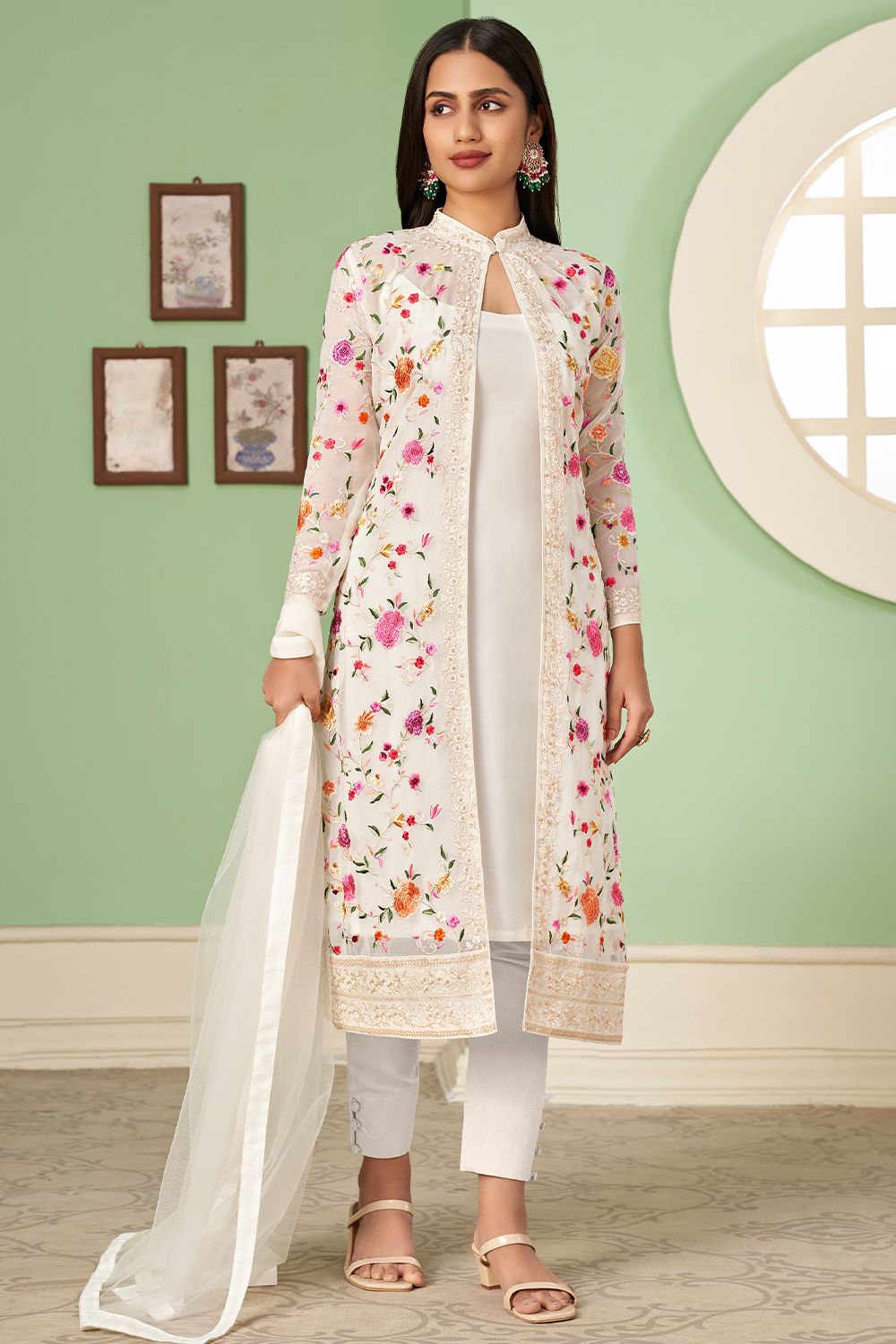 White Georgette Embroidered Jacket with Kurti and Churidar