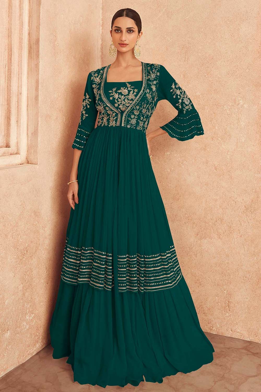 Deep Green Jacket Style Embroidered Chinnon Silk Anarkali 
