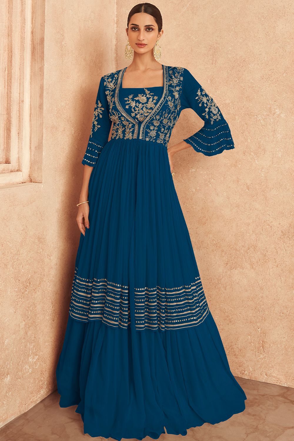 Deep Teal Blue Jacket Style Embroidered Chinnon Silk Anarkali 