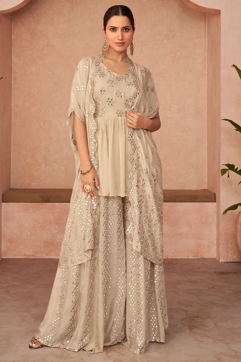 Cream Georgette Embroidered Designer Palazzo Set