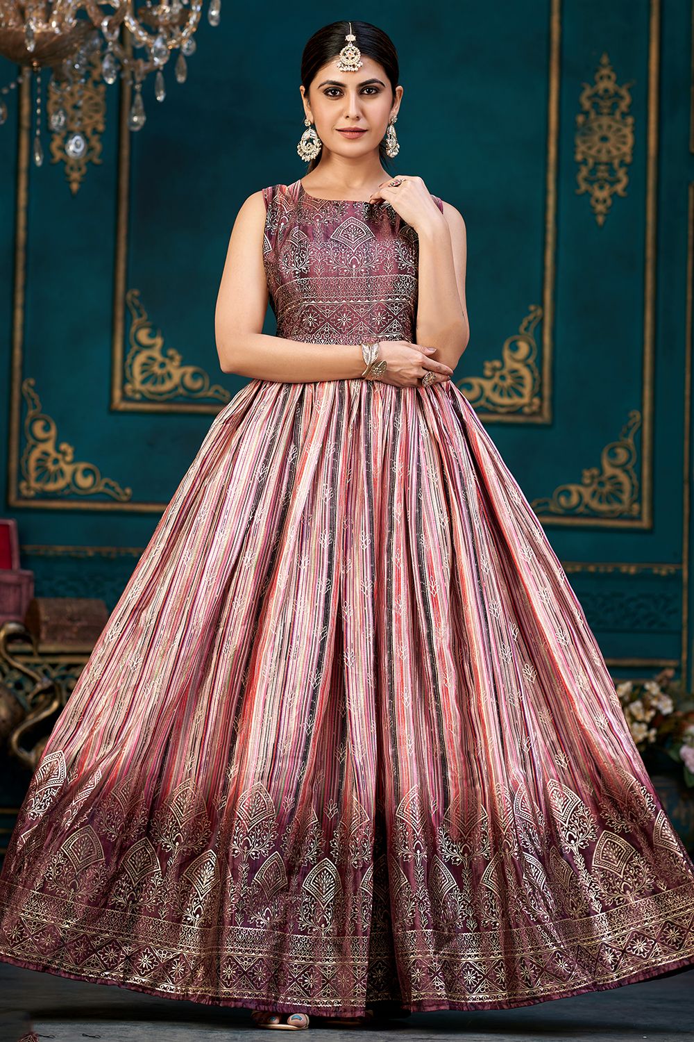 Pink Multicolor Printed Chinnon Silk A line Gown