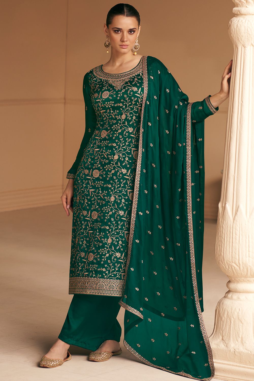 Deep Green Zari Work Embroidered Silk Salwar Suit