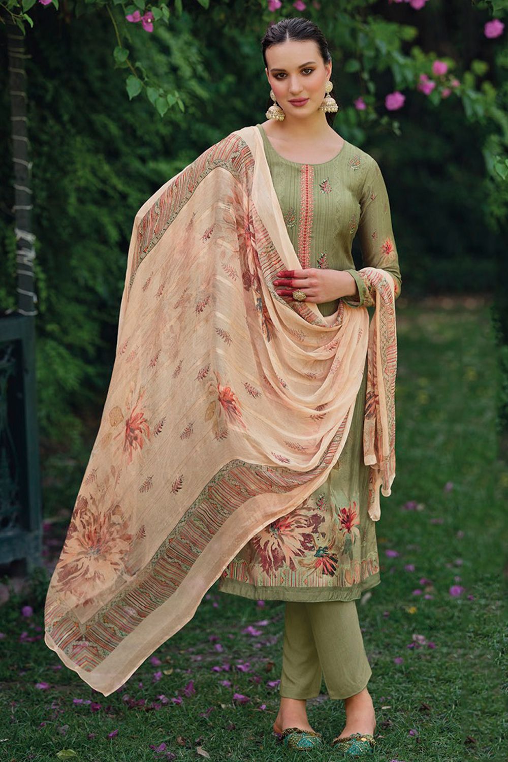 Olive Green Bemberg Muslin Print With Embroidered Salwar Suit