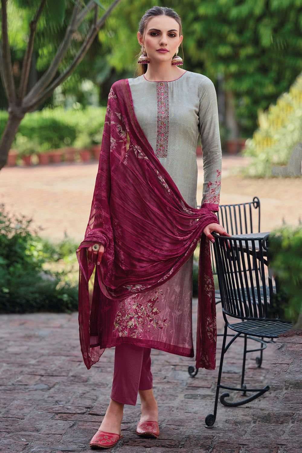 Grey Bemberg Muslin Print With Embroidered Salwar Suit