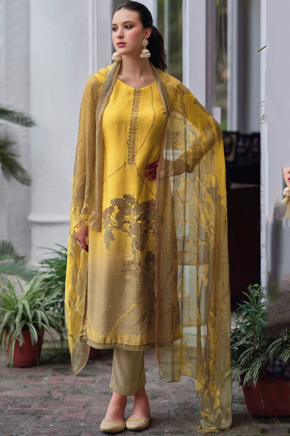 Warm Yellow Bemberg Muslin Print With Embroidered Salwar Suit