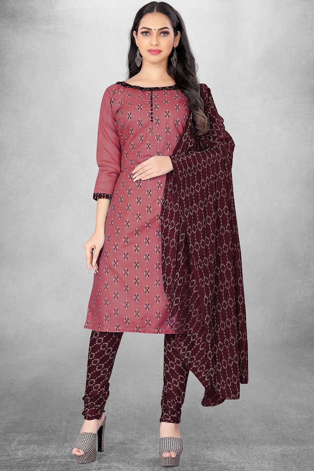 Pink Cotton Printed Churidar Suit