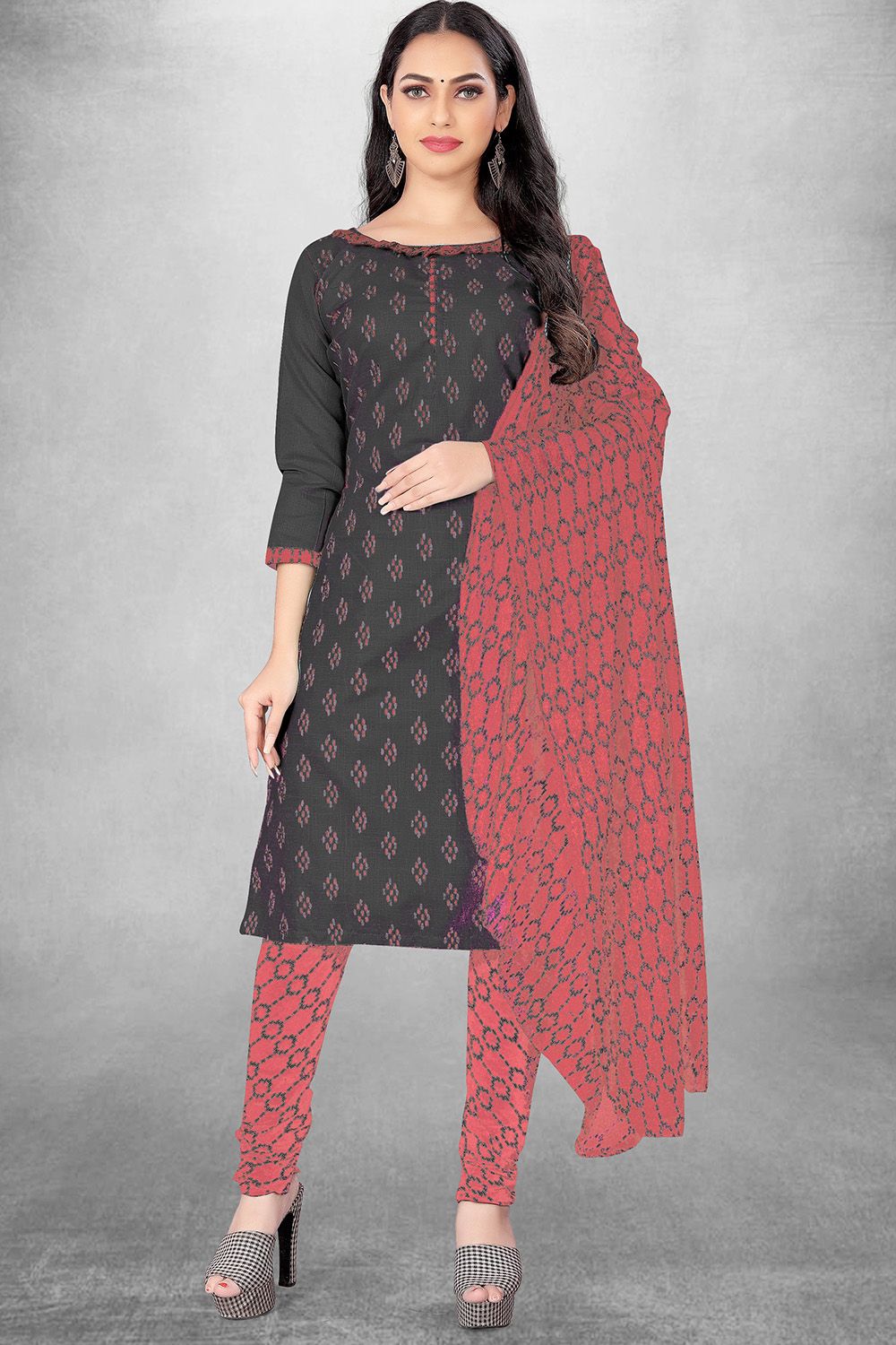 Dark Grey Cotton Printed Churidar Suit