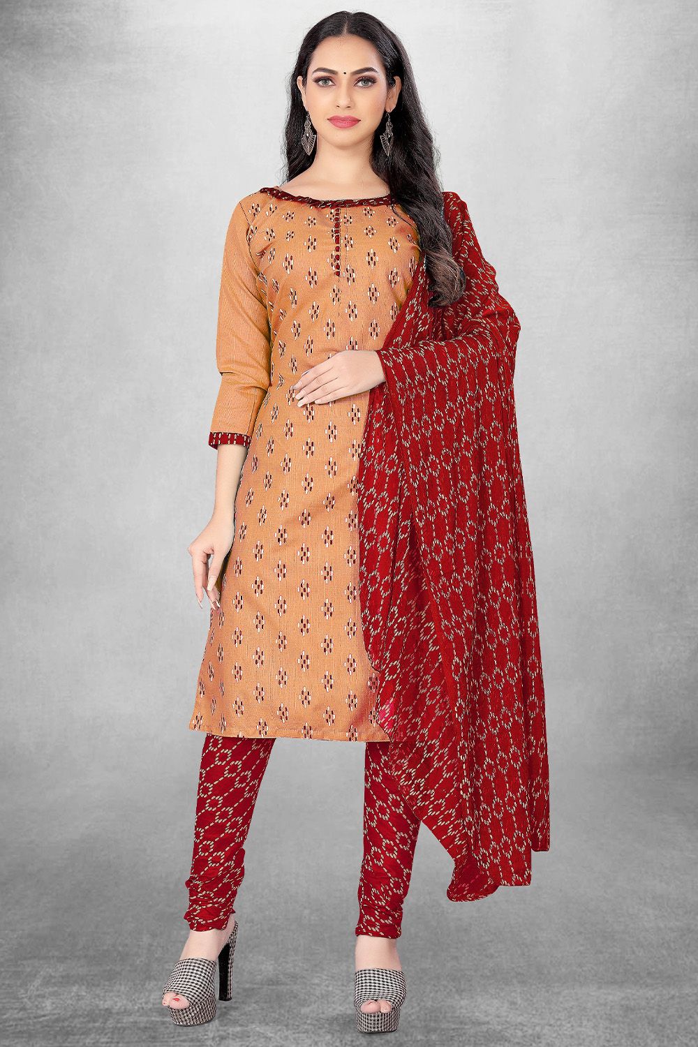 Peach Cotton Printed Churidar Suit