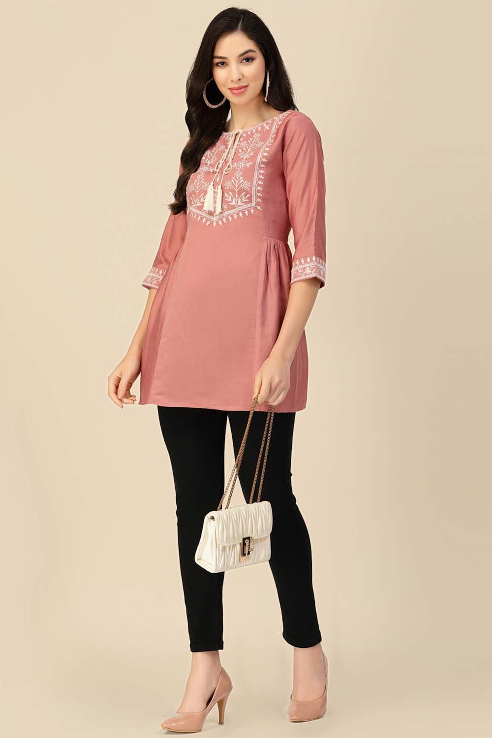 Peach Color Embroidered Short Kurti