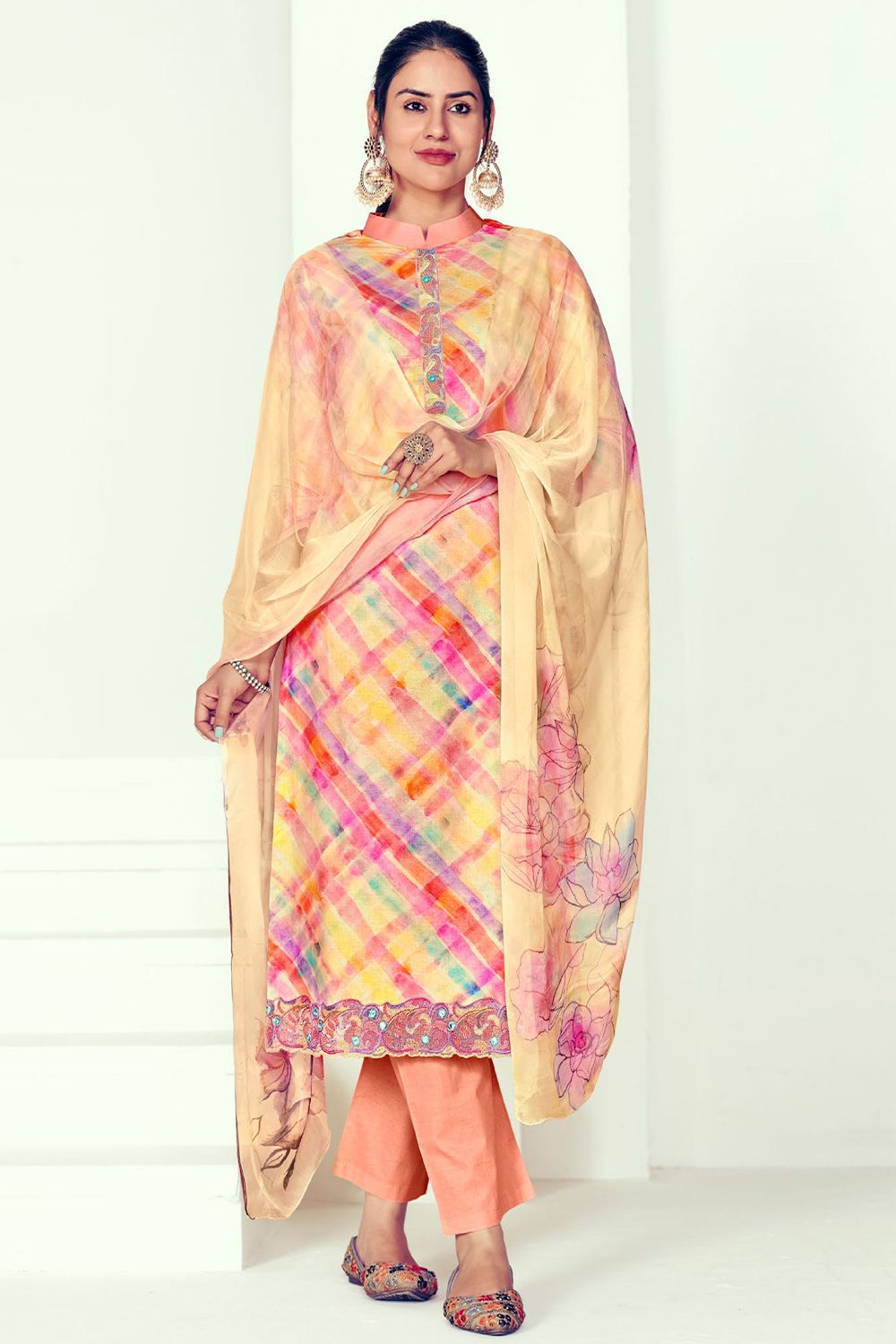 Peach Pure Cotton Multicolor Salwar Suit With Digital Print