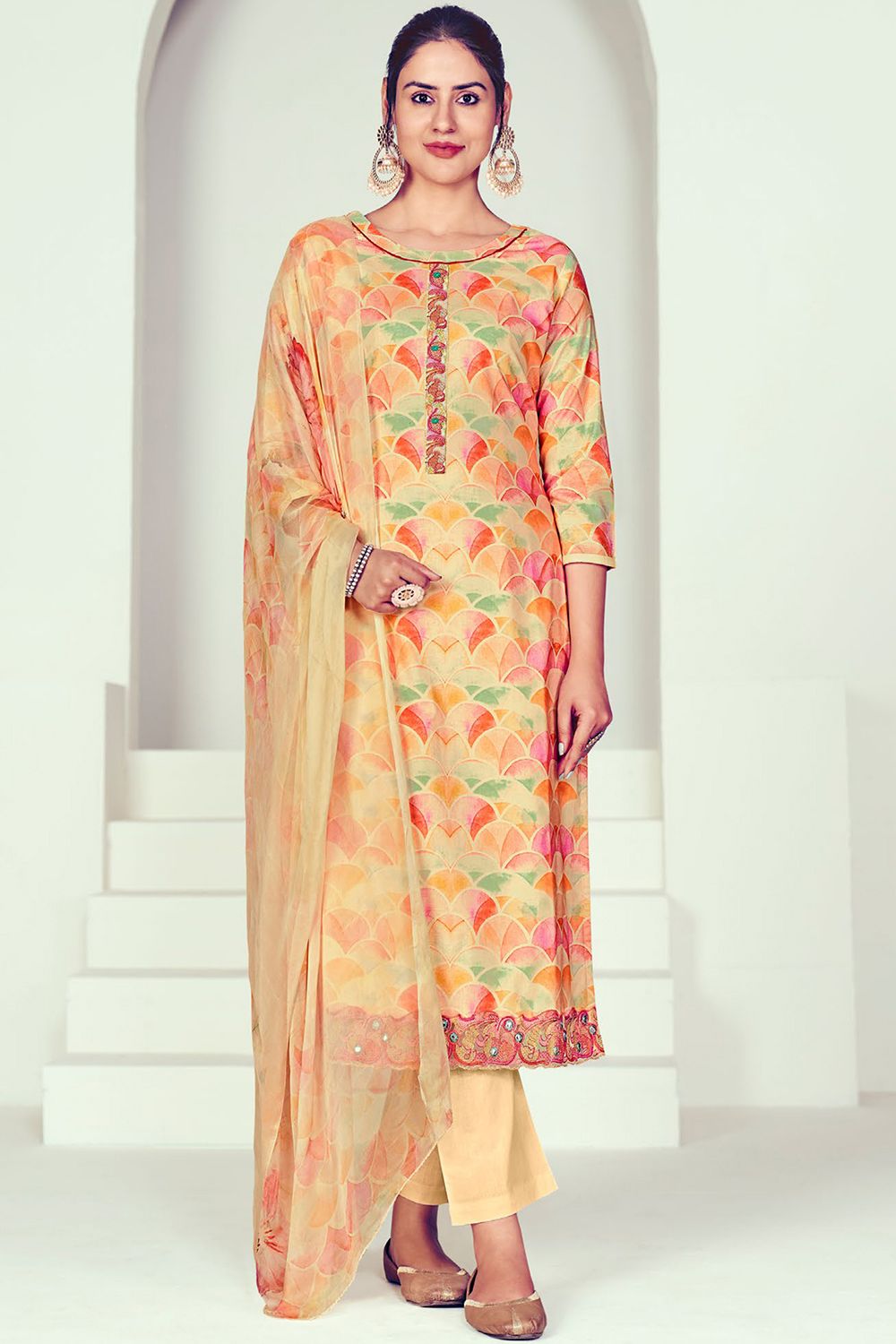 Light Yellow Cotton Multicolor Salwar Suit With Digital Print