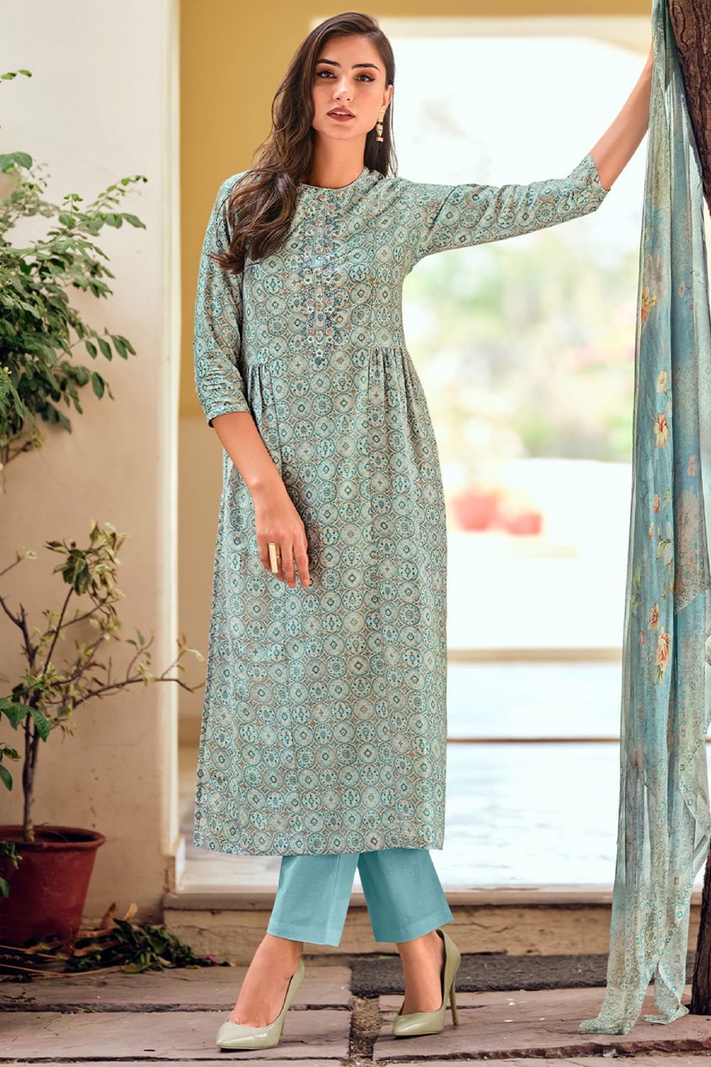 Light Blue Printed Straight Cut Trouser Suit