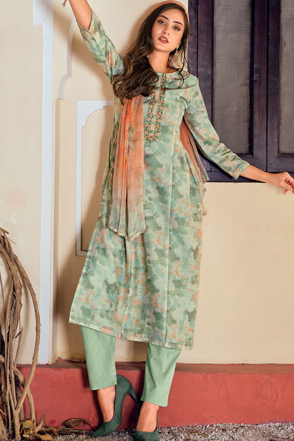 Pastel Green Cotton Trouser Suit With Floral Print 