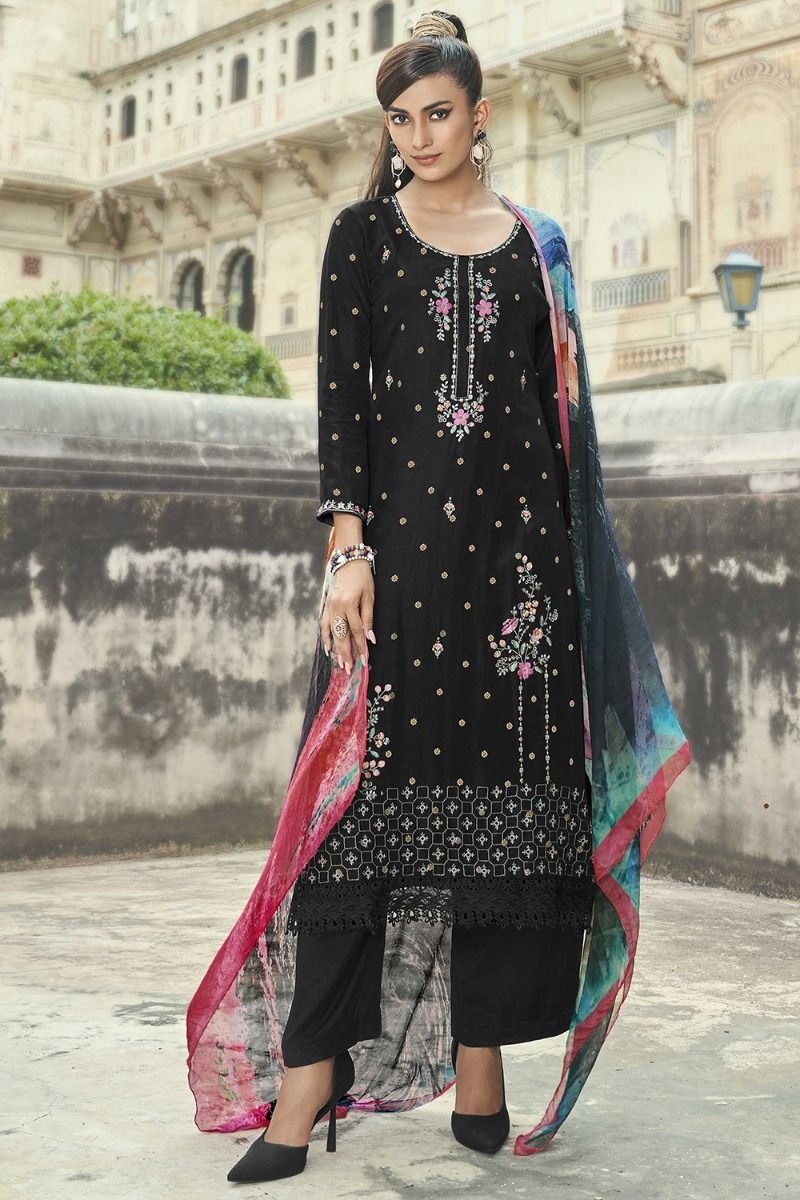 Black Kurta Pants Set With Mirror Work