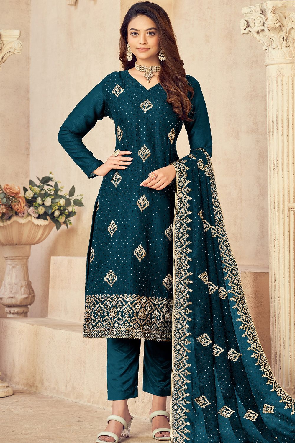 Teal Blue Embroidered Silk Trouser Suit