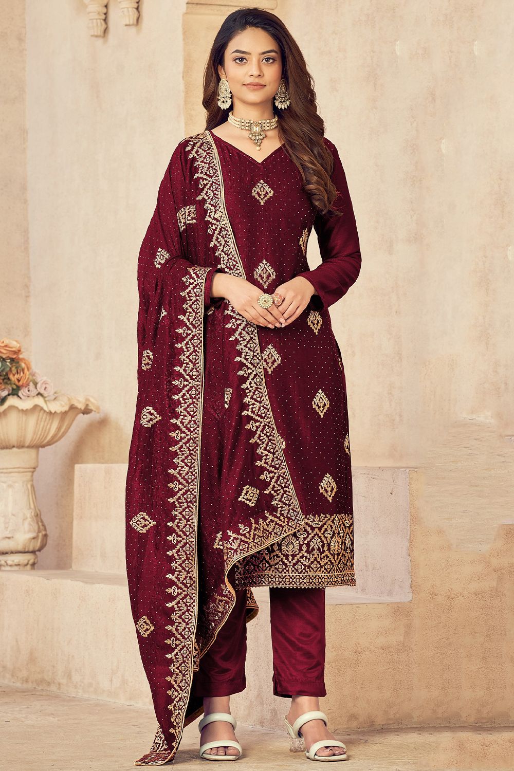 Dark Maroon Embroidered Silk Trouser Suit