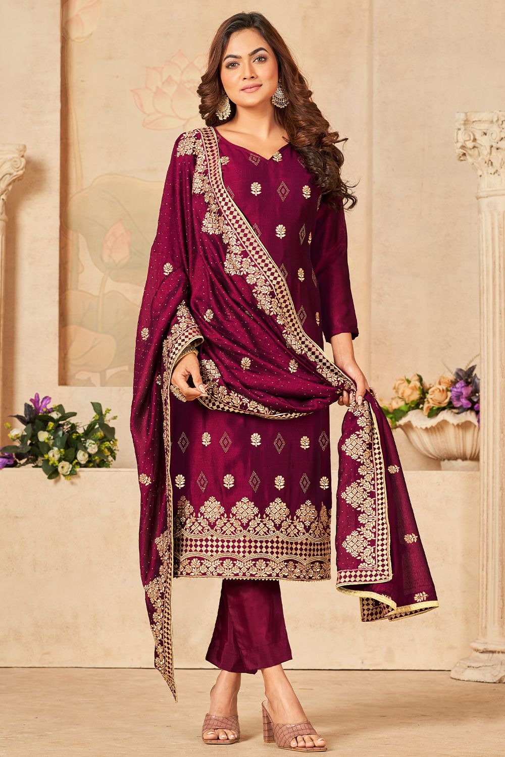 Wine Santoon Embroidered Trouser Suit
