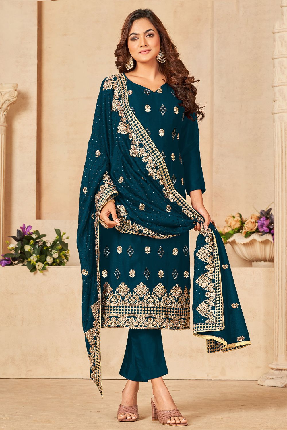 Blue Santoon Embroidered Trouser Suit