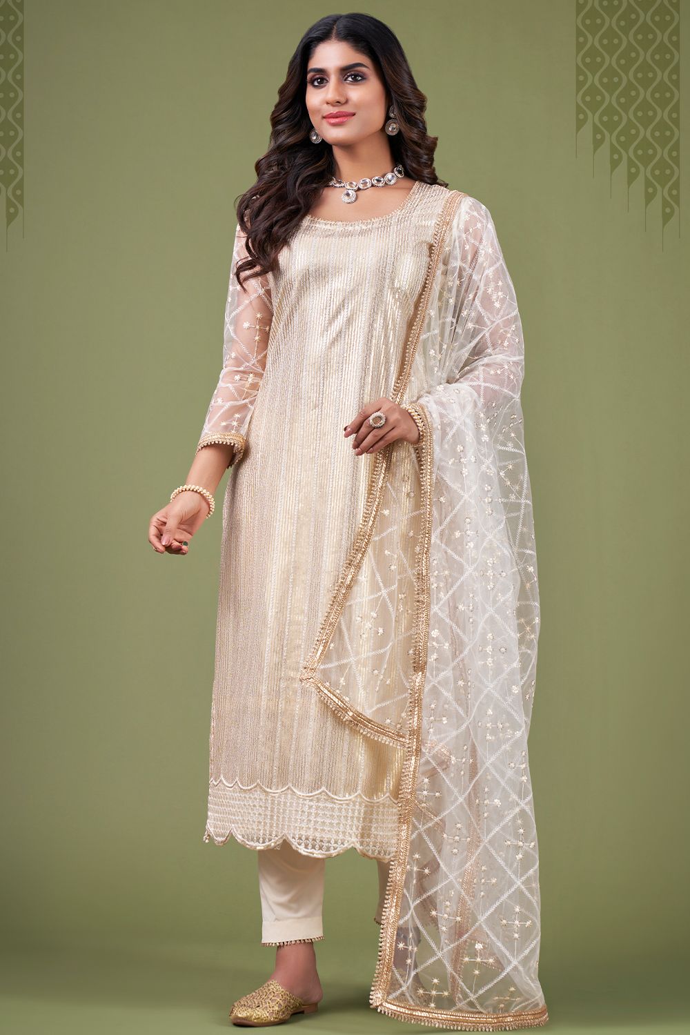 Cream Straight Cut Net Trouser Suit