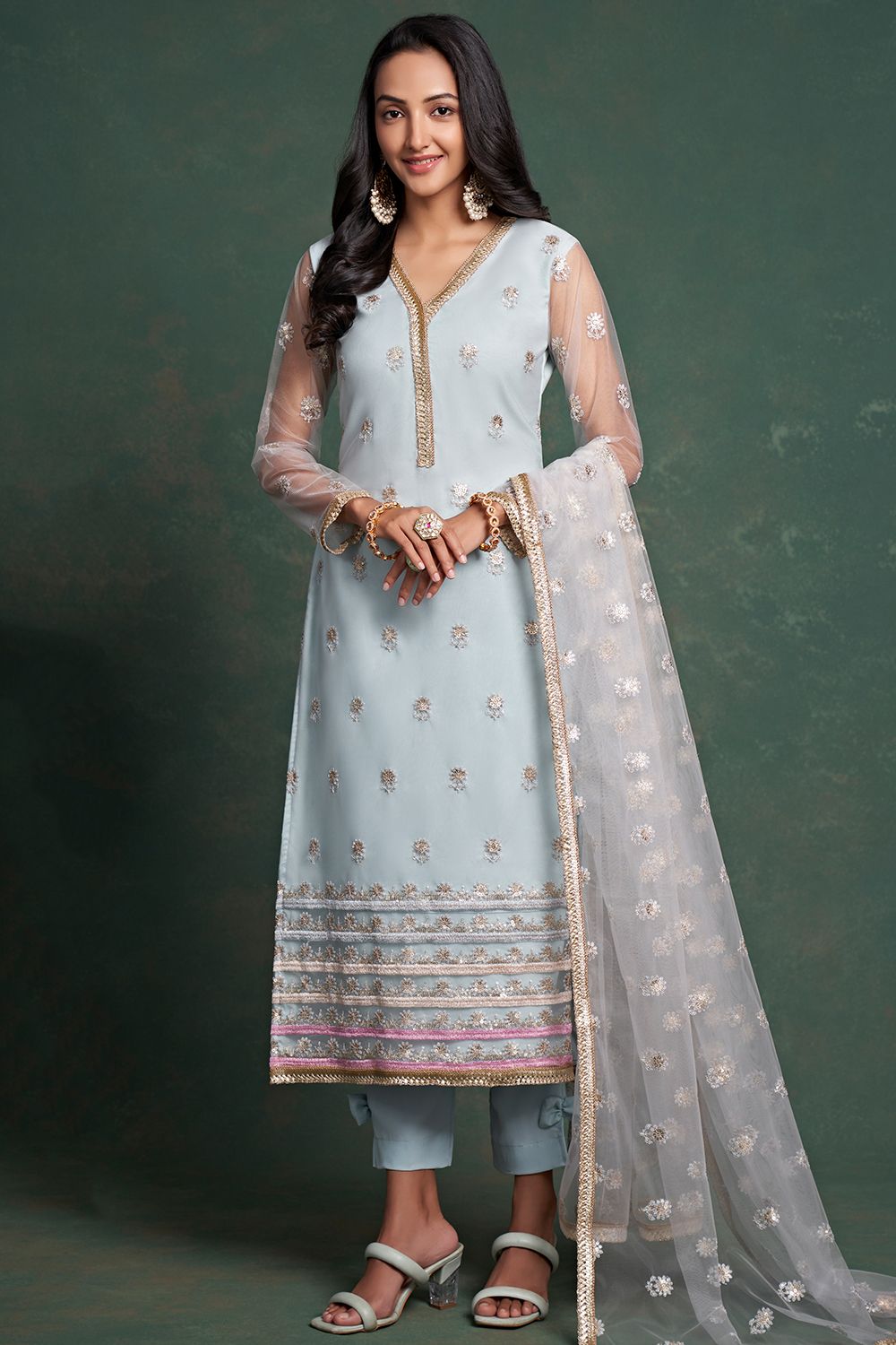 Pastel Blue Sequins Embroidered Net Trouser Suit