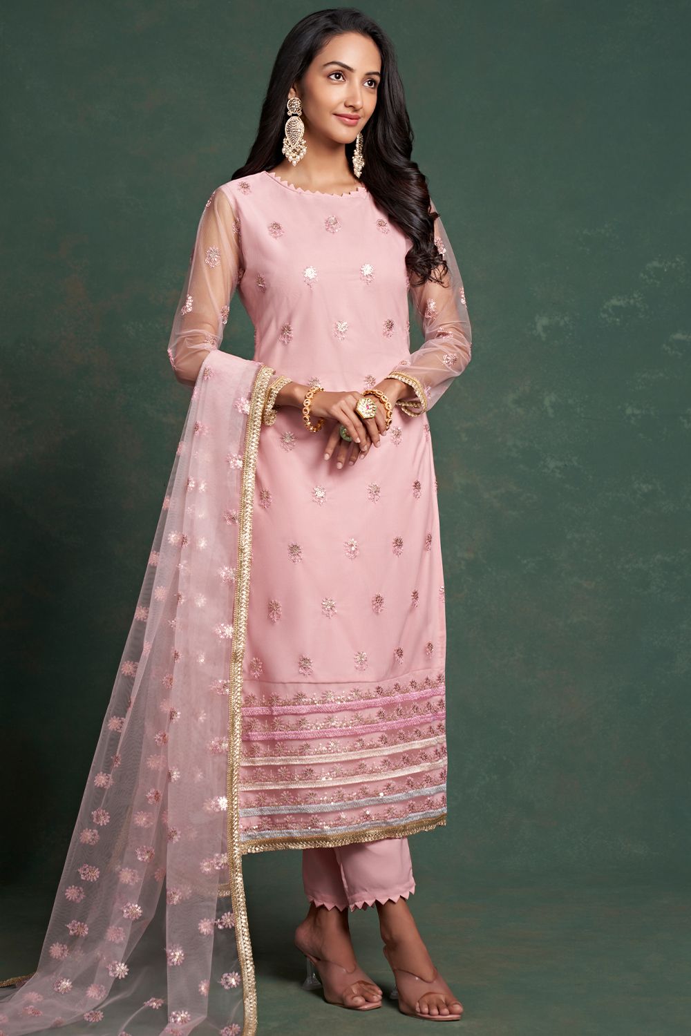 Pale Pink Sequins Embroidered Net Trouser Suit