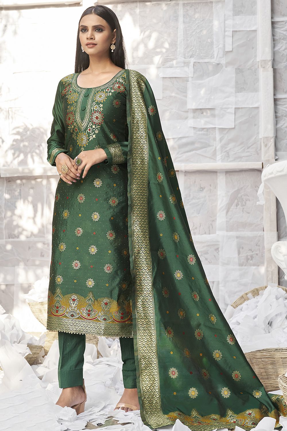 Dark Green Woven Silk Trouser Suit