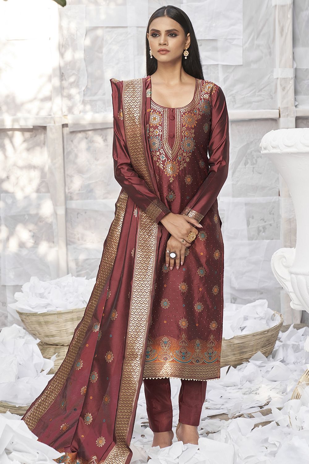 Dark Maroon Woven Silk Trouser Suit