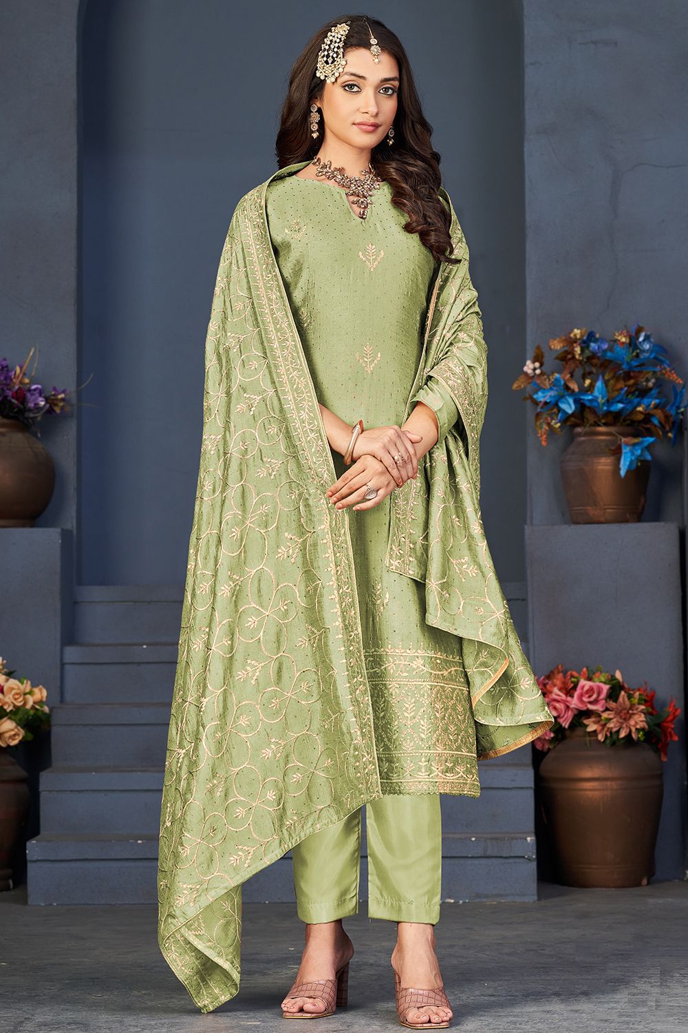 Pistachio Green Dola Jacquard Embroidered Trouser Suit 