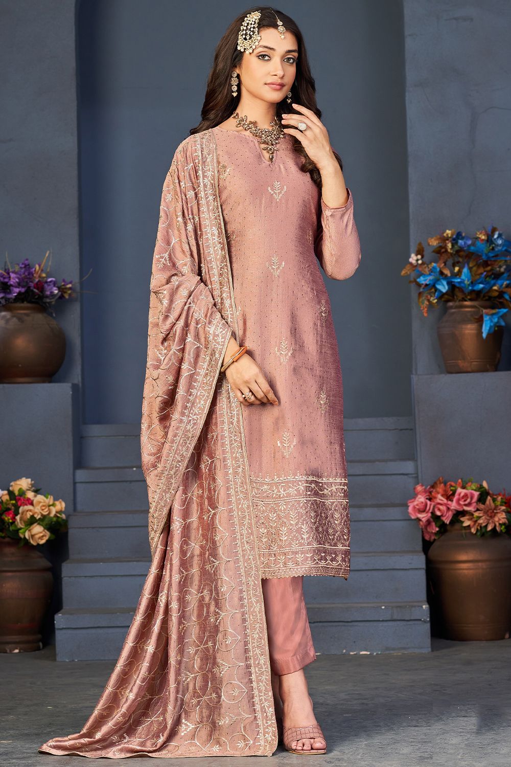 Mauve Pink Dola Jacquard Embroidered Trouser Suit 