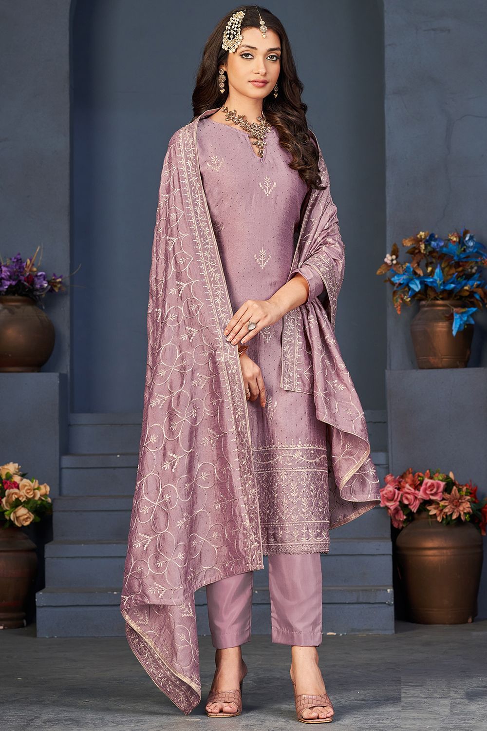 Light Mauve Dola Jacquard Embroidered Trouser Suit 