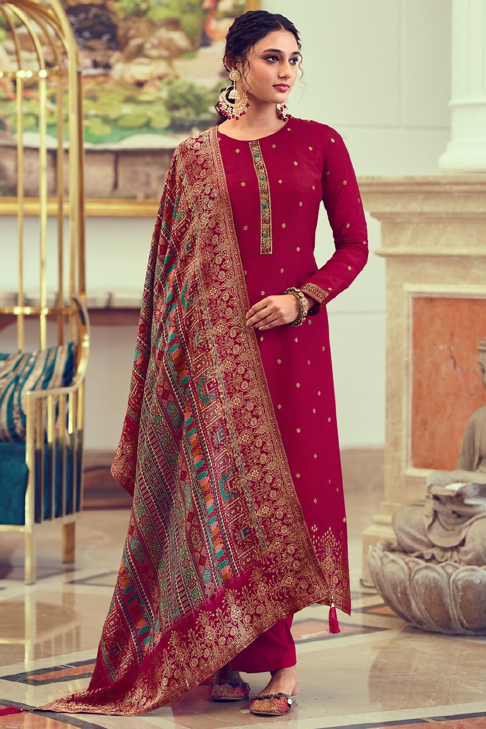 Ruby Pink Embroidered Straight Cut Jacquard Trouser Suit