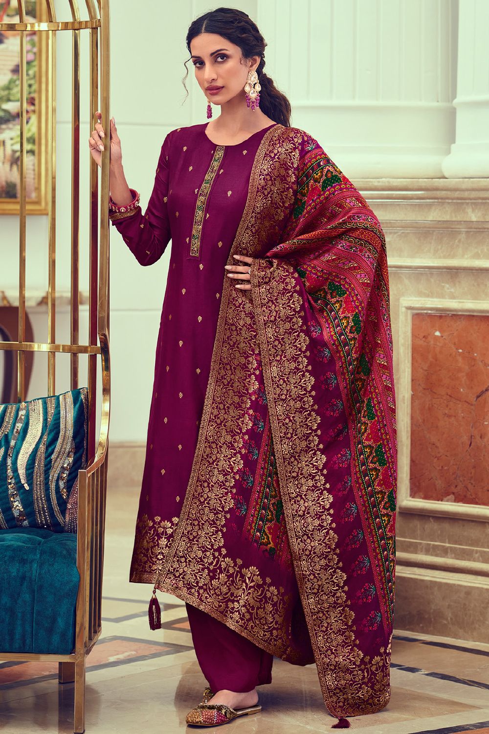 Burgundy Embroidered Straight Cut Jacquard Trouser Suit