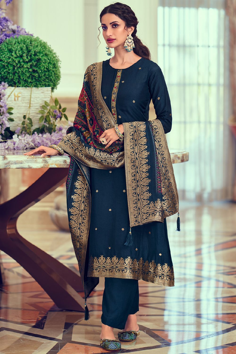 Prussian Blue Embroidered Straight Cut Jacquard Trouser Suit