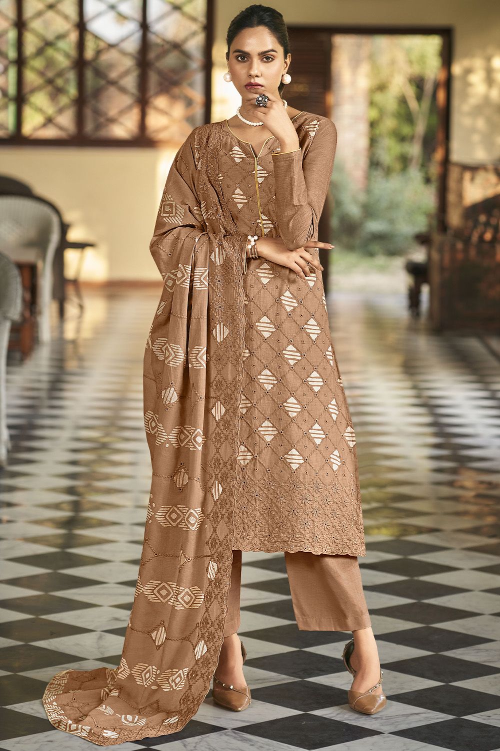 Brown Cotton Pakistani Embroidered Salwar Kameez